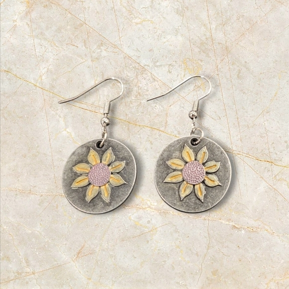 Silver Plated Flower Circle Dangle Earrings - Picture 2 of 2